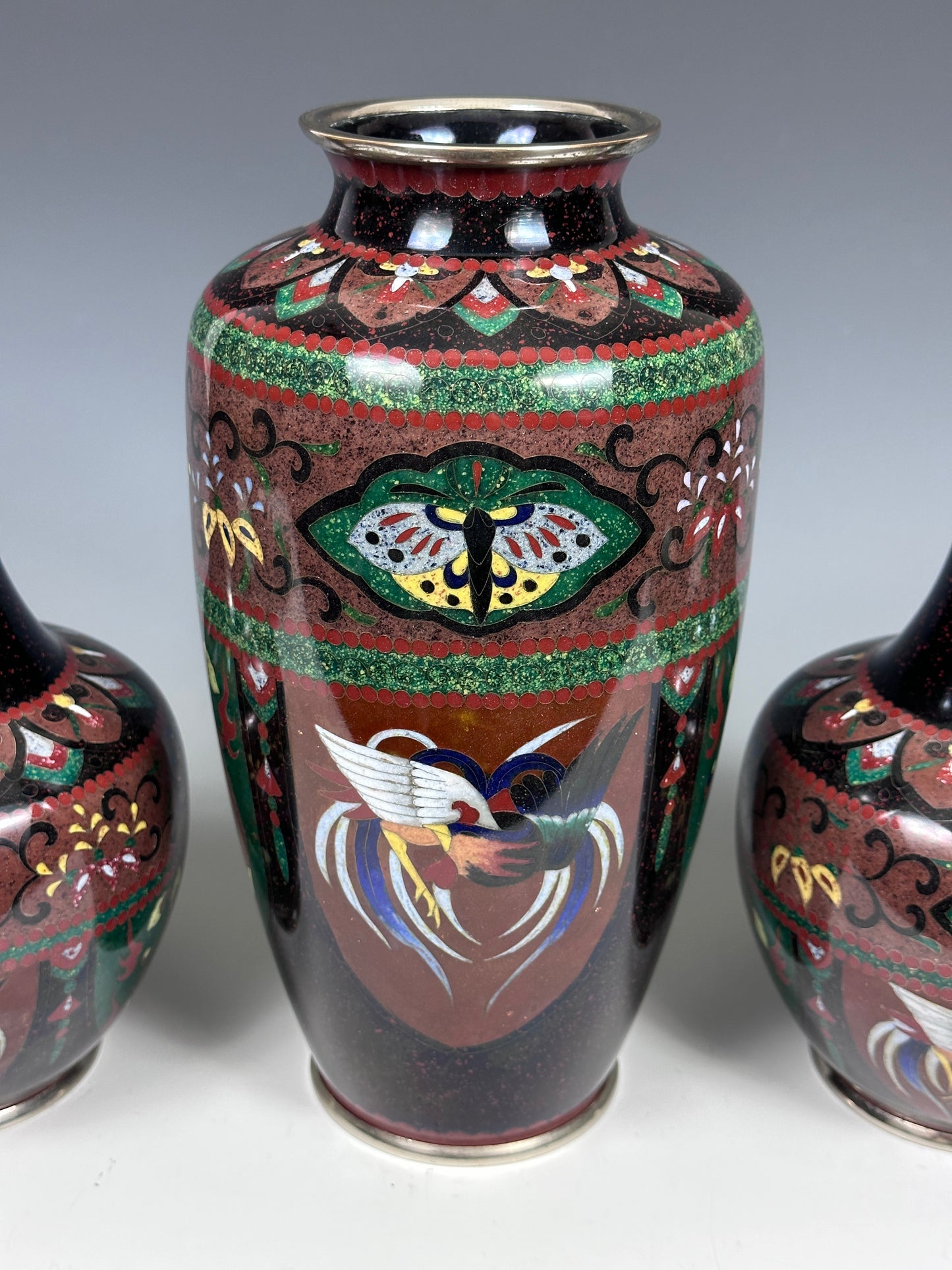 SOLD Antique Japanese Cloisonne 3 Piece Garniture Vases Deco 1920s