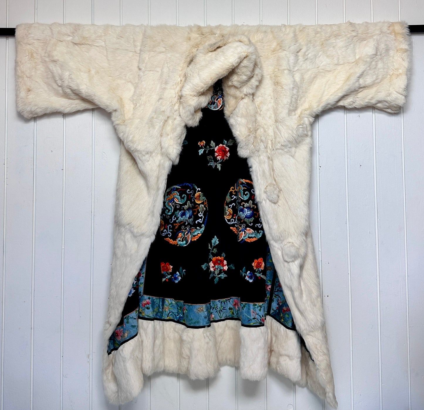 Antique Chinese Embroidered Silk and Fur Opera Coat Robe Reversible Early 20th c