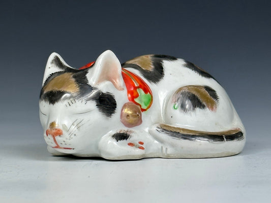 Antique Japanese Porcelain Maneki Neko Sleeping Cat Kutani Seto Meiji 19th