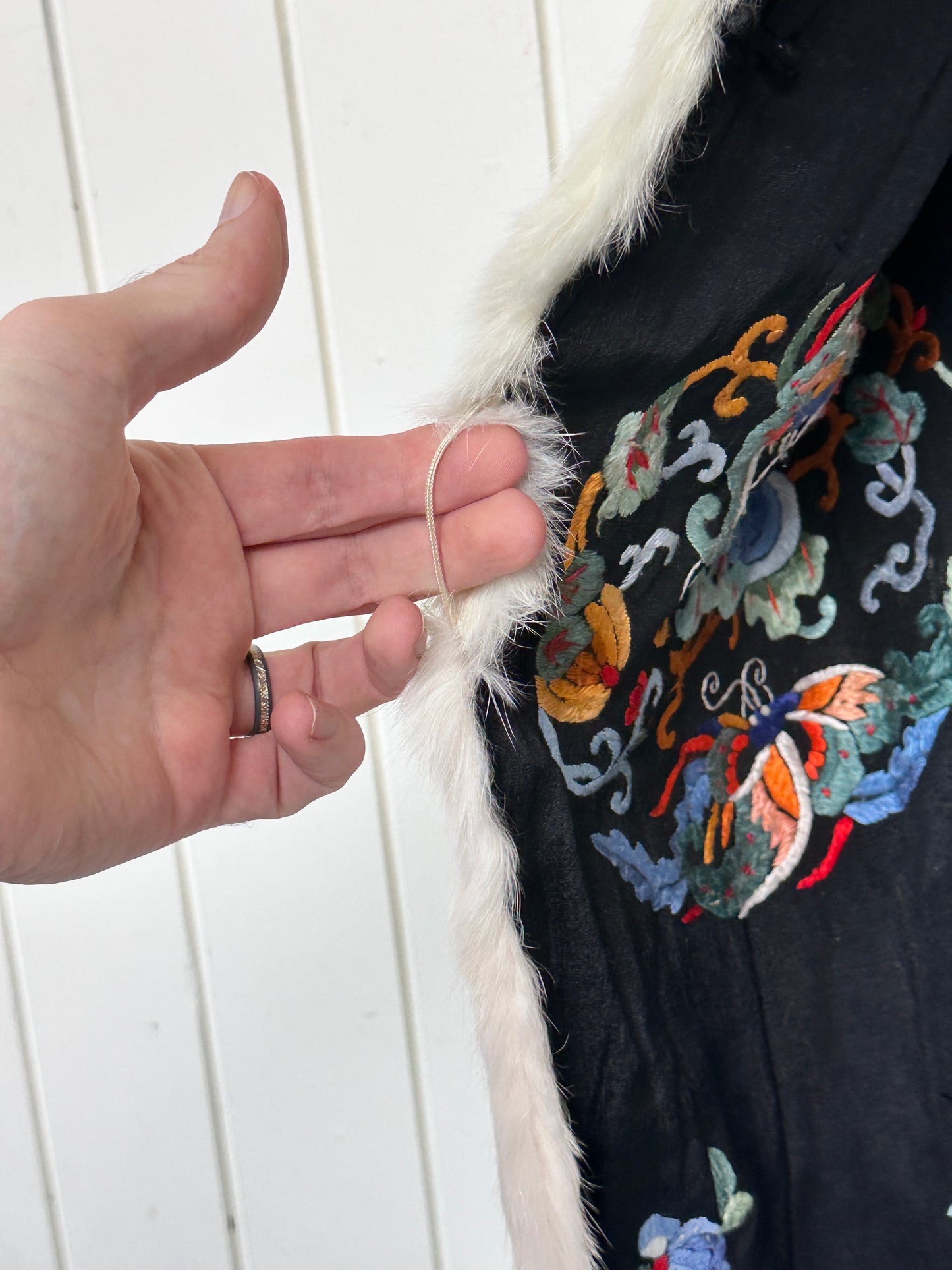 Antique Chinese Embroidered Silk and Fur Opera Coat Robe Reversible Early 20th c
