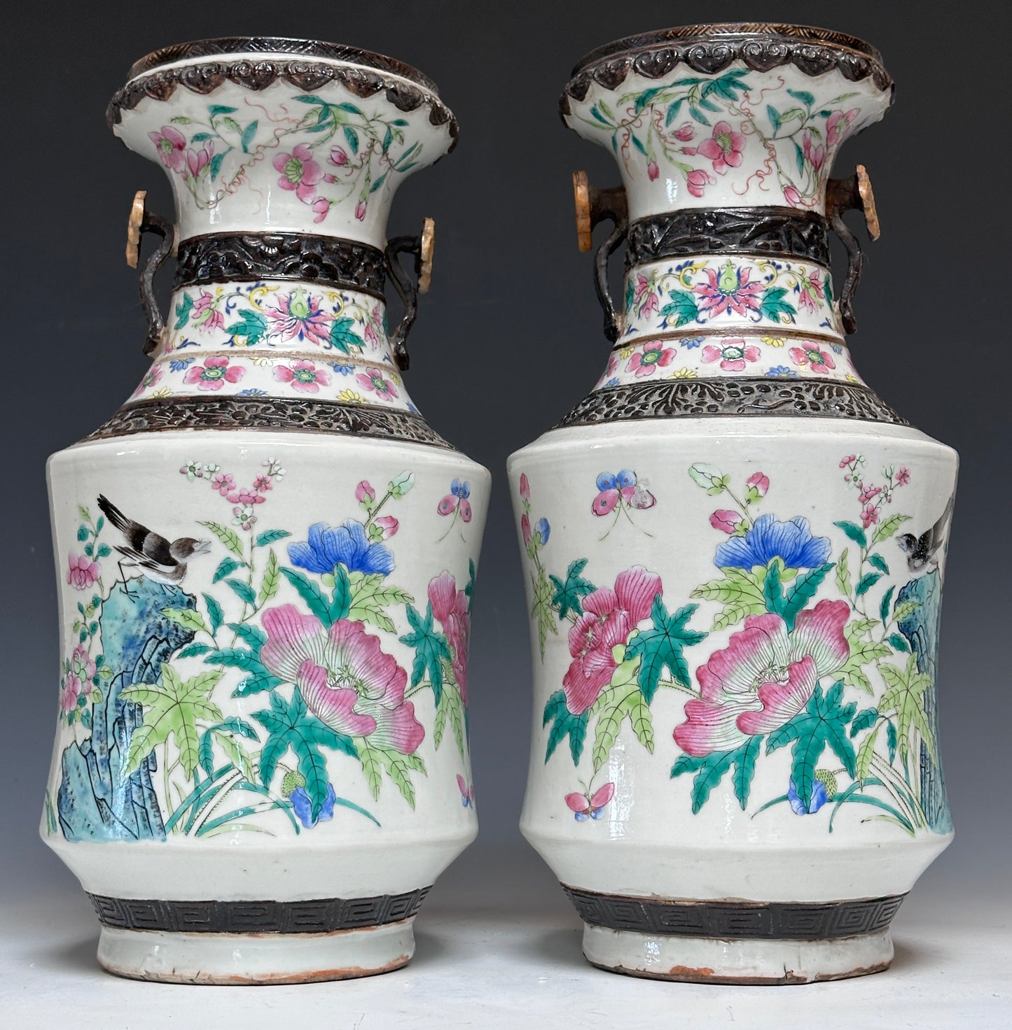 Antique Chinese Porcelain Large Mirror Pair Vases Nanking Famille Rose