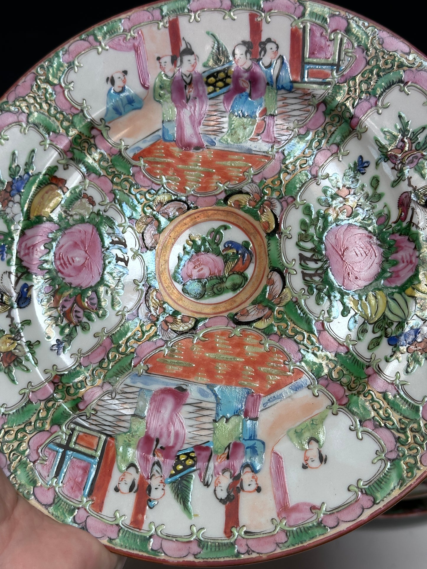 Antique Chinese Porcelain Tea Set Rose Medallion Teapot 8 Cups 4 Dinner Plates
