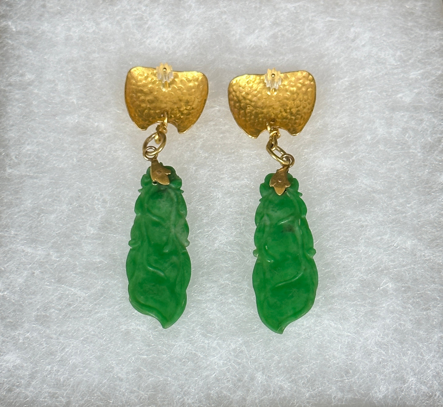 SOLD Antique Carved Apple Green Jadeite Jade “Peapods” 24k Gold Earrings Signed