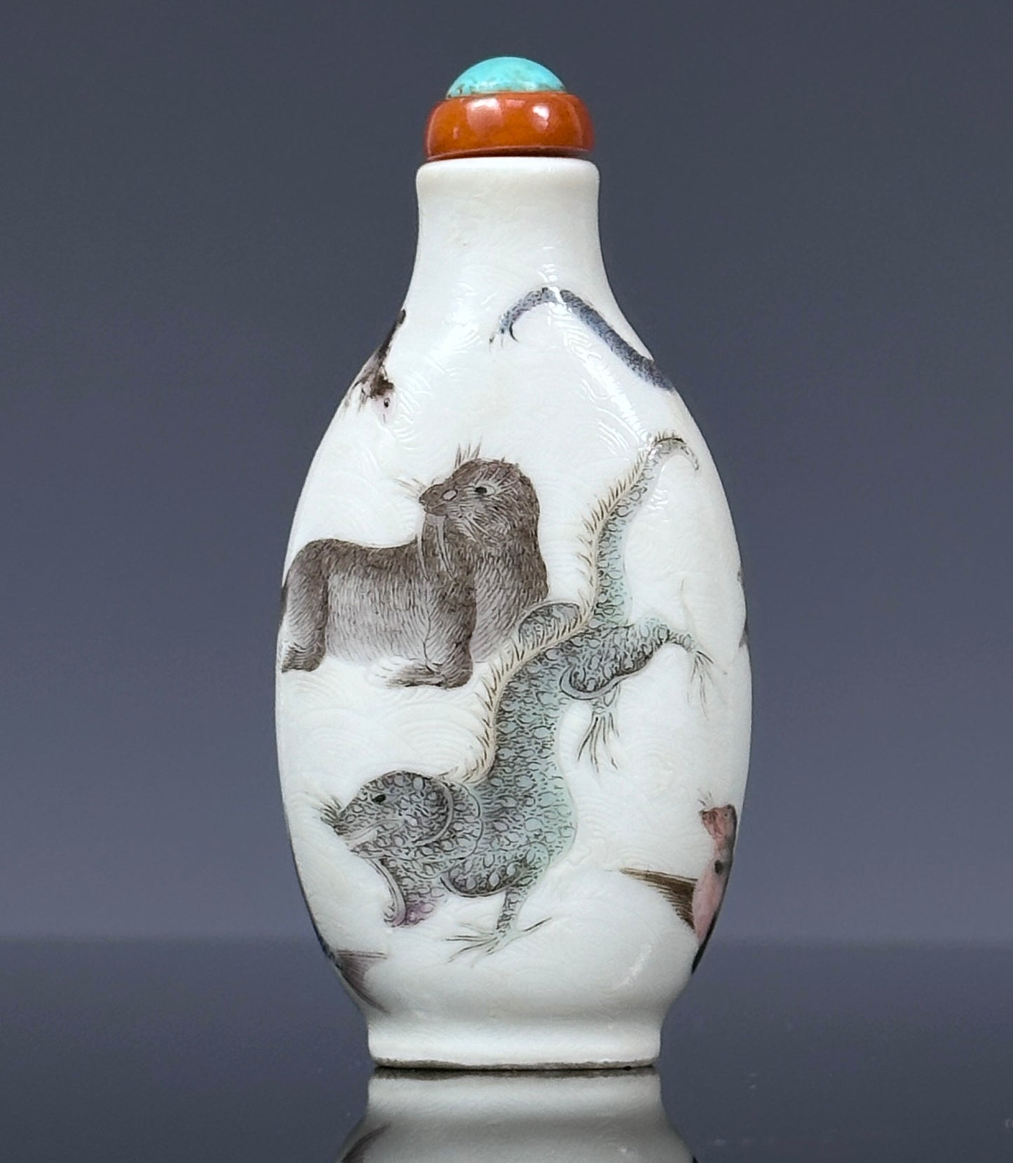 SOLD Antique Chinese Daoguang Porcelain Snuff Bottle “Eight Mythical Sea Creatures”