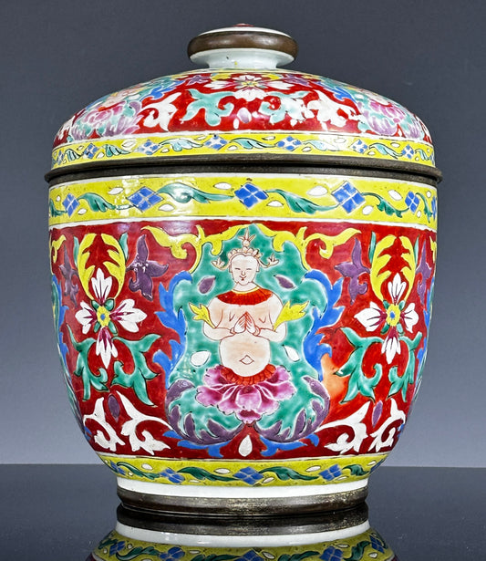 SOLD Antique Chinese Porcelain Bencharong HUGE Toh Lidded Jar Bowl Thai Market 19th c