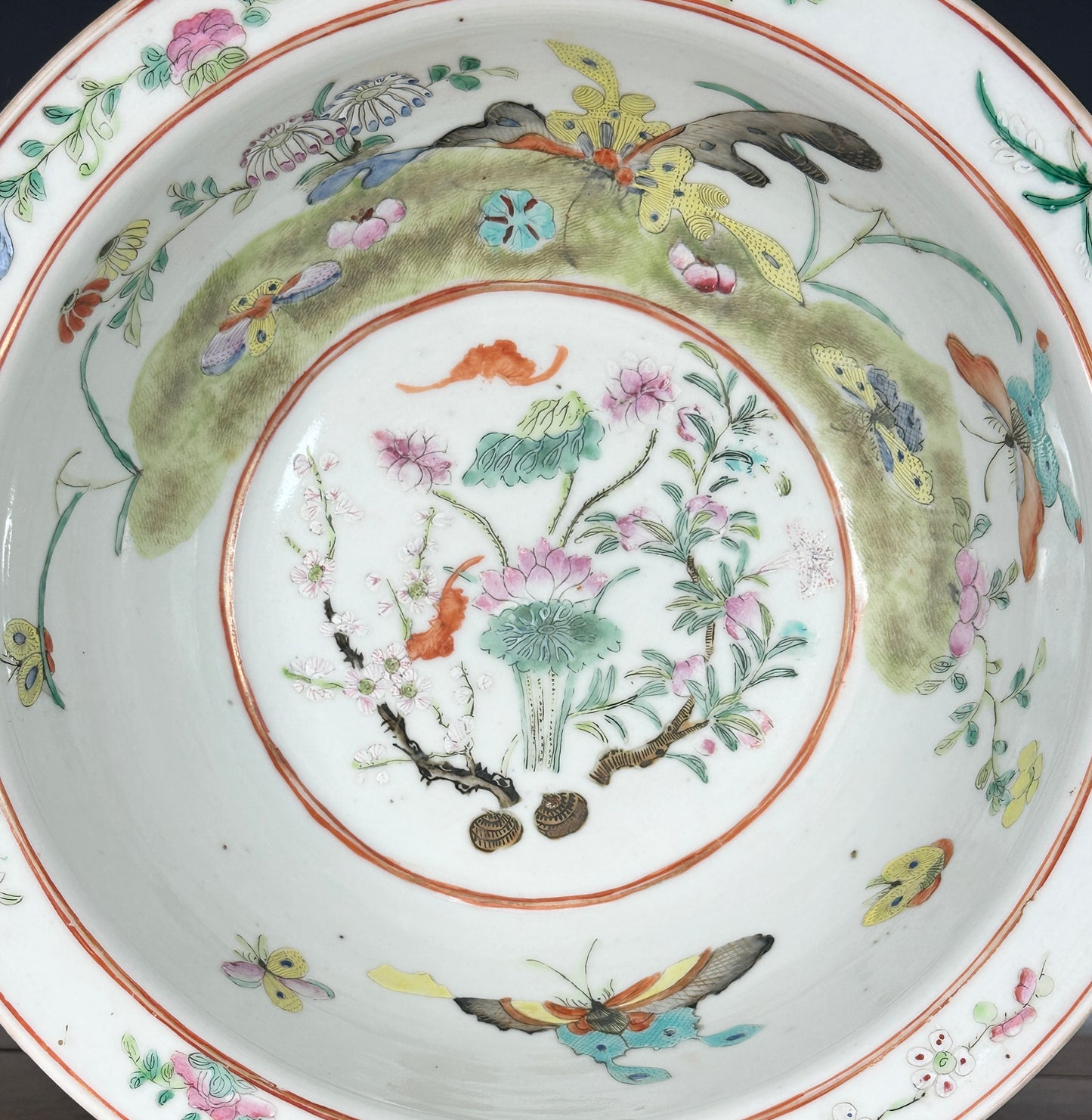 Antique Chinese Porcelain Basin Bowl “8 Butterflies” Bats Lotus Famille Rose 19th c Qing