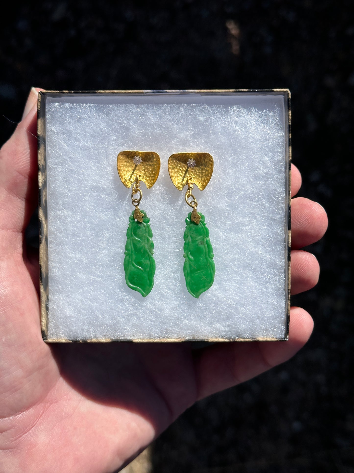 SOLD Antique Carved Apple Green Jadeite Jade “Peapods” 24k Gold Earrings Signed