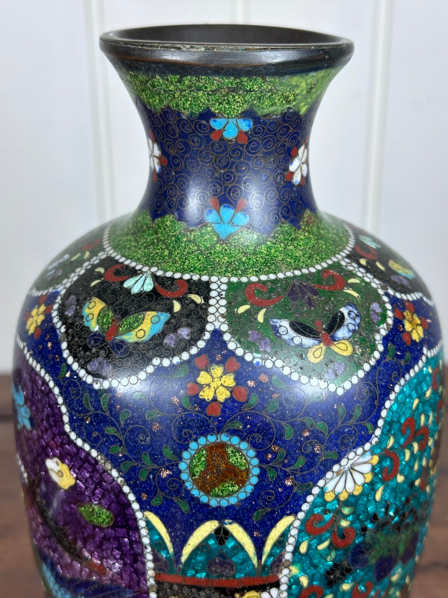 SOLD Antique Japanese Cloisonne Vase Meiji Unusual Ginbari Purple Sparkle 19th Century