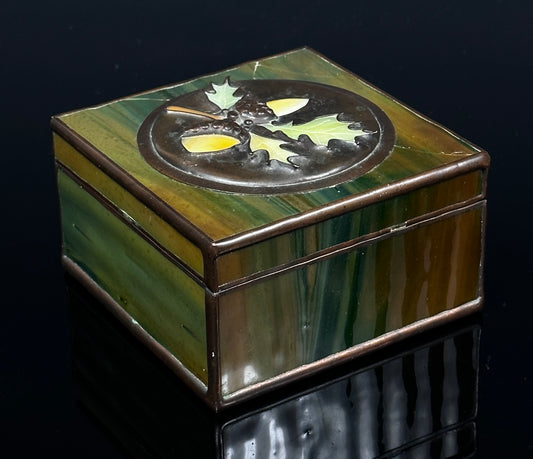 SOLD Rare Glass & Copper Box Oak Leaves Acorns Arts & Crafts Mission Slag Opalescent