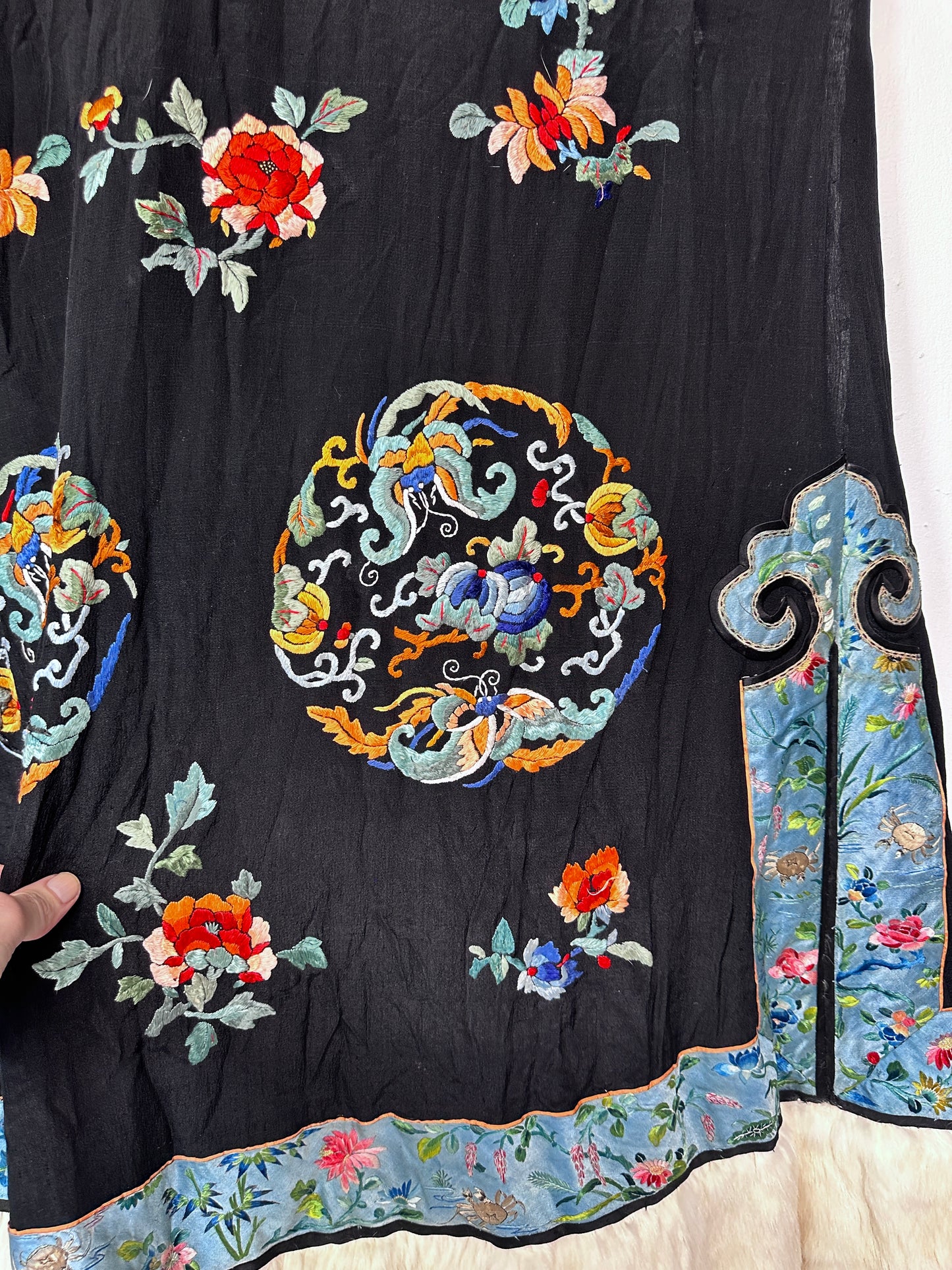 Antique Chinese Embroidered Silk and Fur Opera Coat Robe Reversible Early 20th c