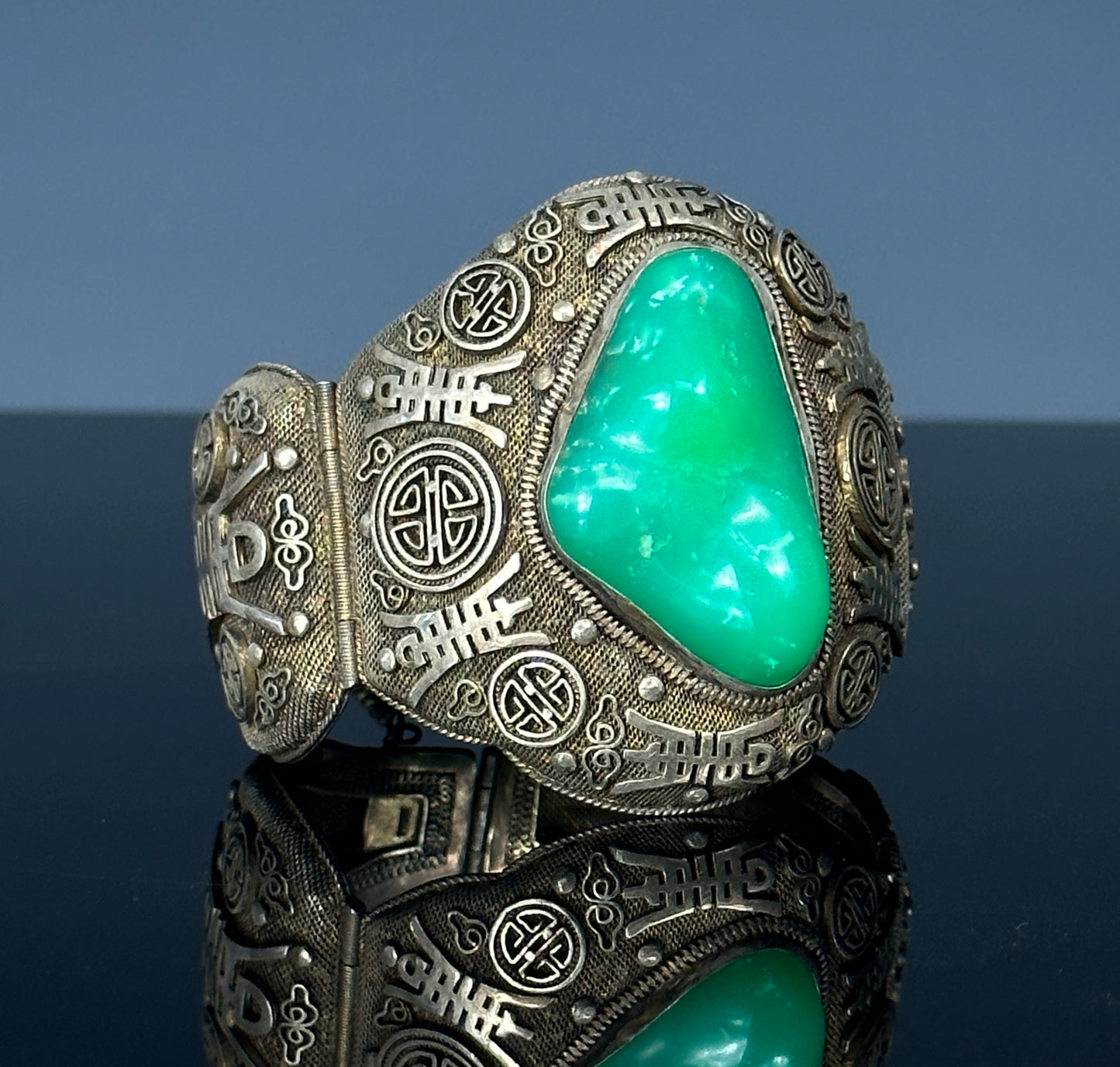 SOLD Antique Chinese Silver Filigree Vermeil Cuff Bracelet Chrysoprase 1910 Jade Like