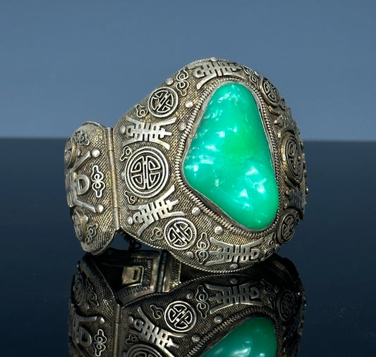 SOLD Antique Chinese Silver Filigree Vermeil Cuff Bracelet Chrysoprase 1910 Jade Like