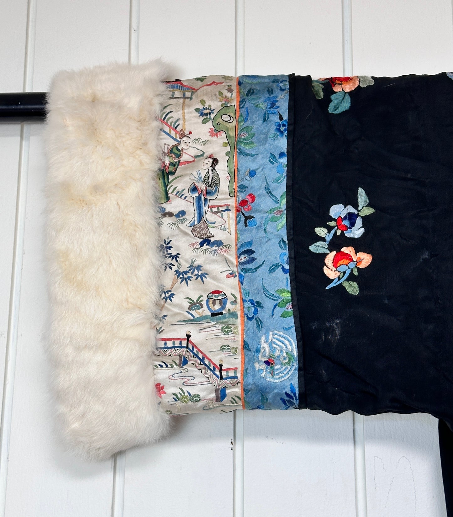 Antique Chinese Embroidered Silk and Fur Opera Coat Robe Reversible Early 20th c