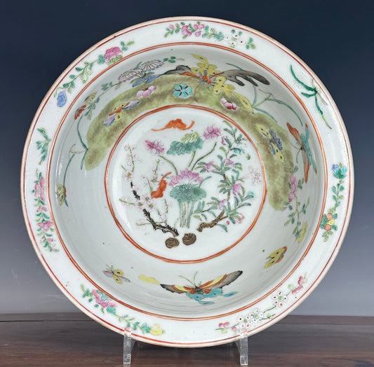 Antique Chinese Porcelain Basin Bowl “8 Butterflies” Bats Lotus Famille Rose 19th c Qing