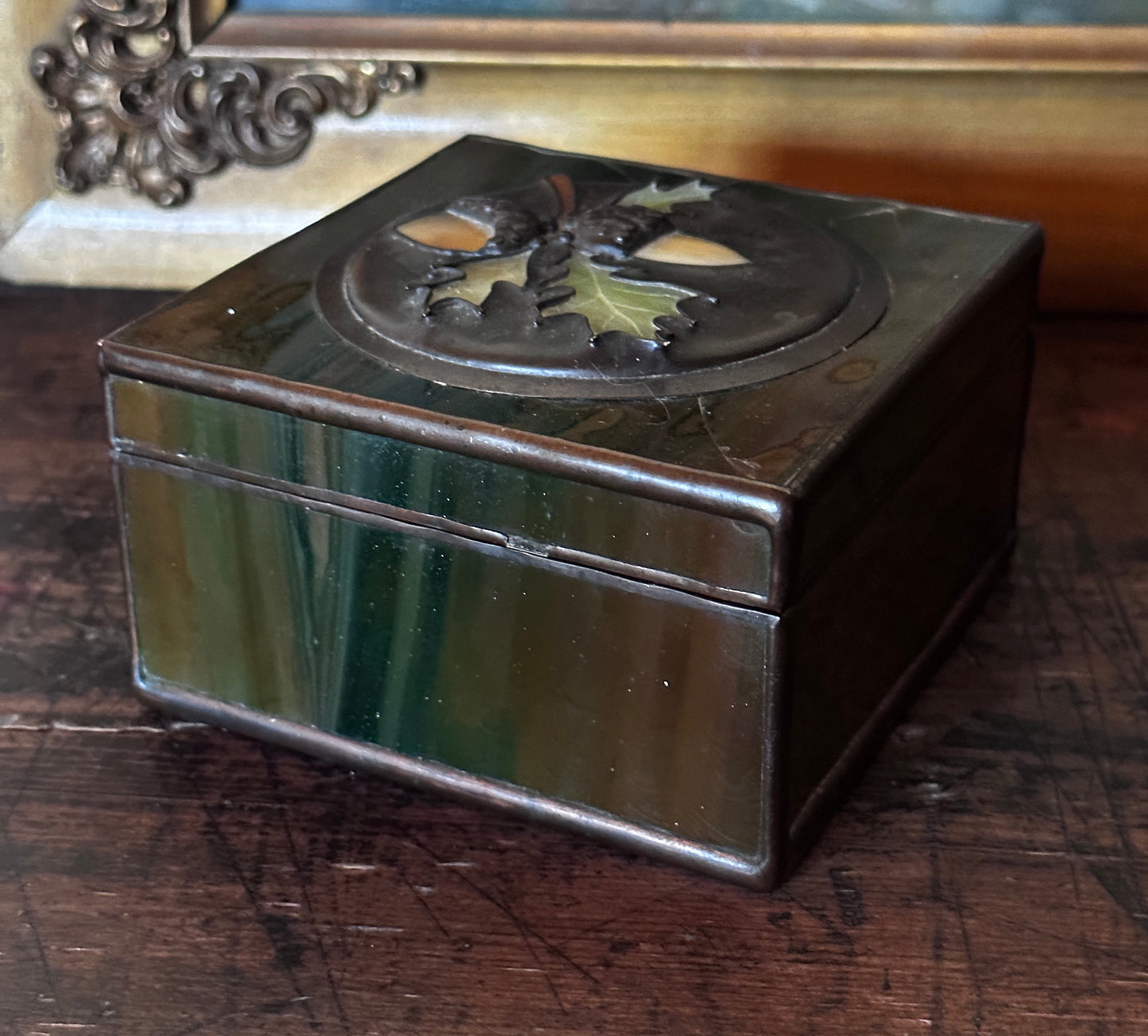 SOLD Rare Glass & Copper Box Oak Leaves Acorns Arts & Crafts Mission Slag Opalescent