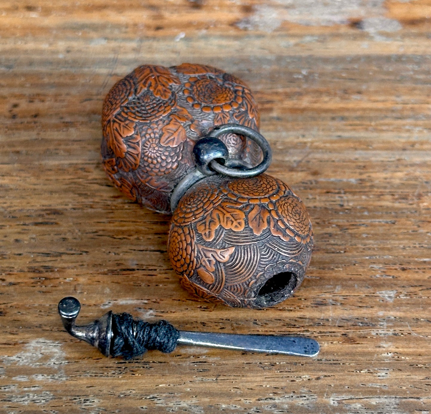 Antique Japanese Carved Gourd Netsuke Silver Fittings Edo Meiji Snuff Bottle Nut