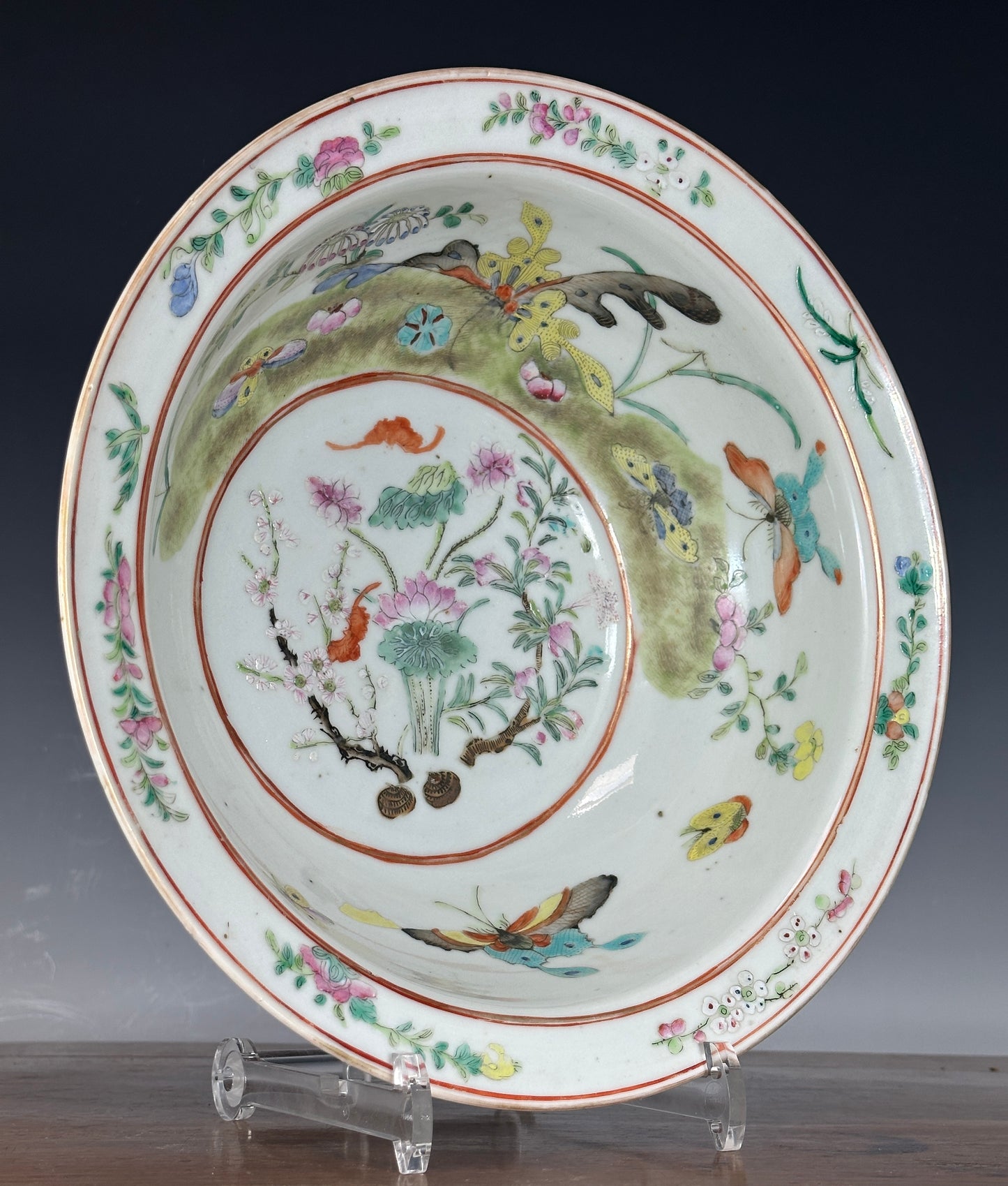 Antique Chinese Porcelain Basin Bowl “8 Butterflies” Bats Lotus Famille Rose 19th c Qing