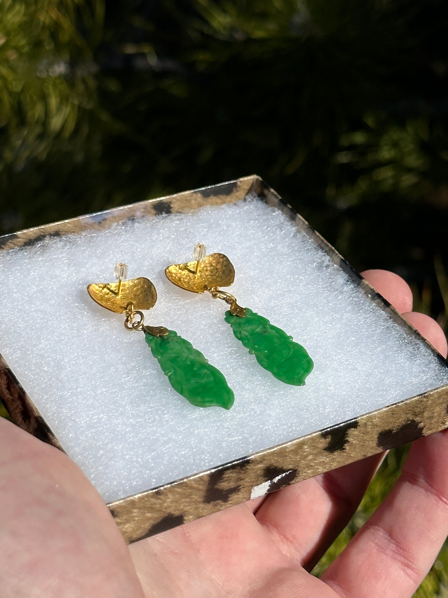 SOLD Antique Carved Apple Green Jadeite Jade “Peapods” 24k Gold Earrings Signed