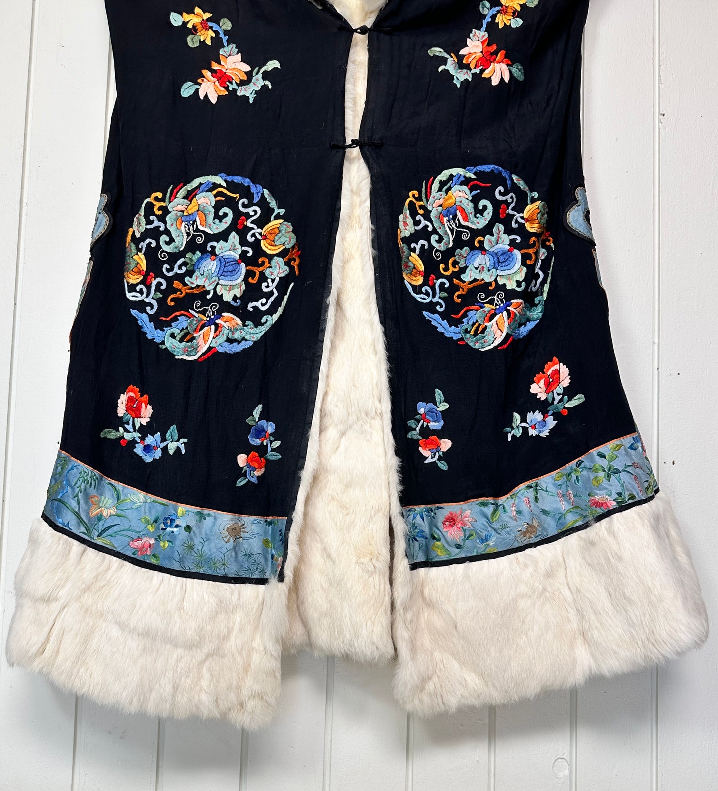 Antique Chinese Embroidered Silk and Fur Opera Coat Robe Reversible Early 20th c