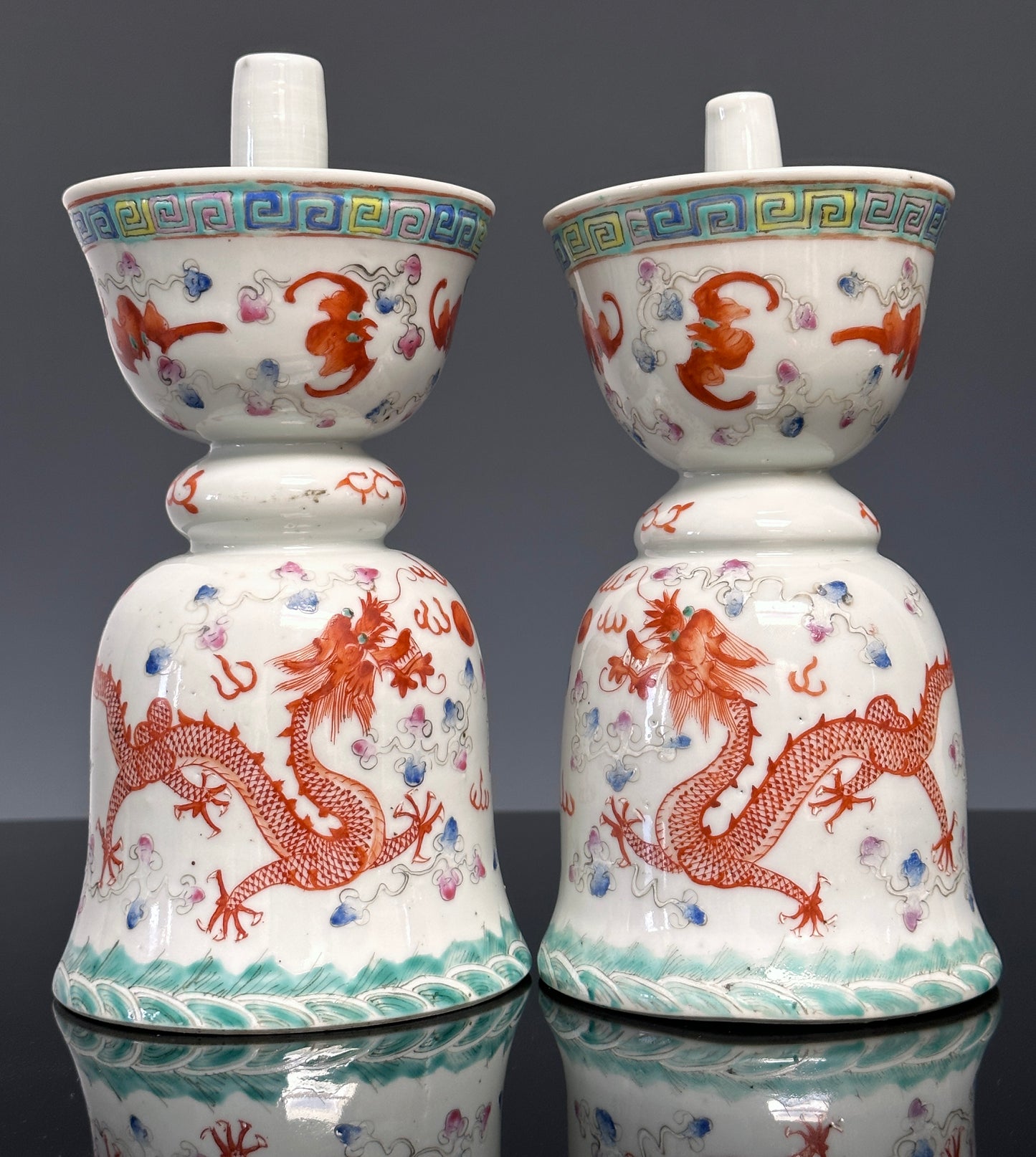 SOLD Antique Chinese Porcelain Pair Dragon Joss Stick Holders Guangxu Qing 19th c