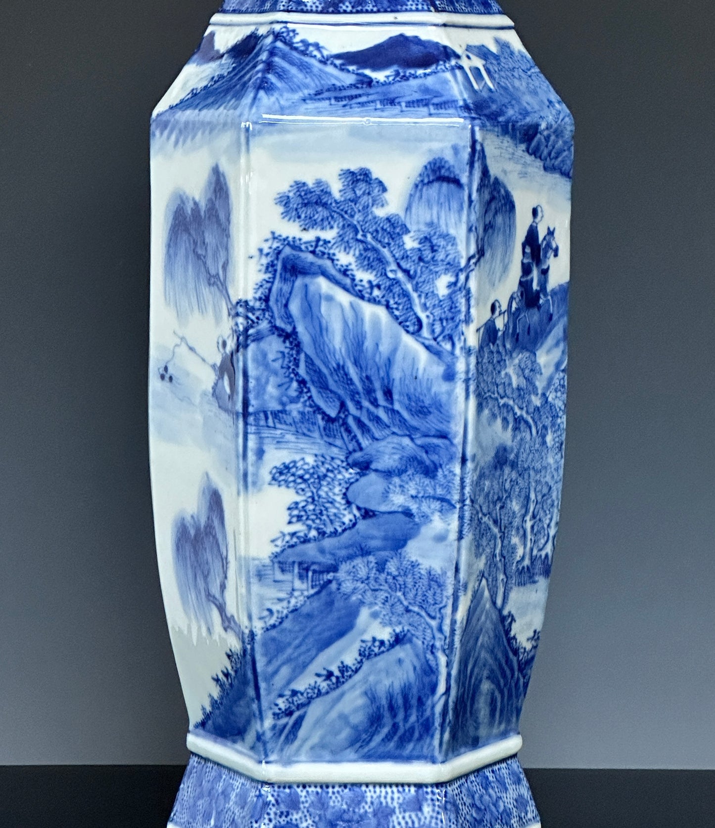 SOLD Antique Chinese Porcelain Large Hexagonal Landscape Vase Blue & White Qing 19th c