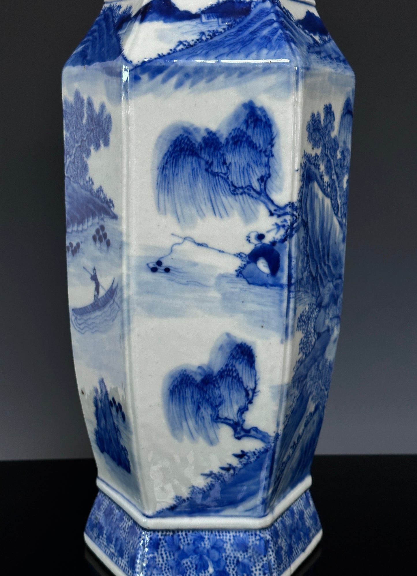 SOLD Antique Chinese Porcelain Large Hexagonal Landscape Vase Blue & White Qing 19th c