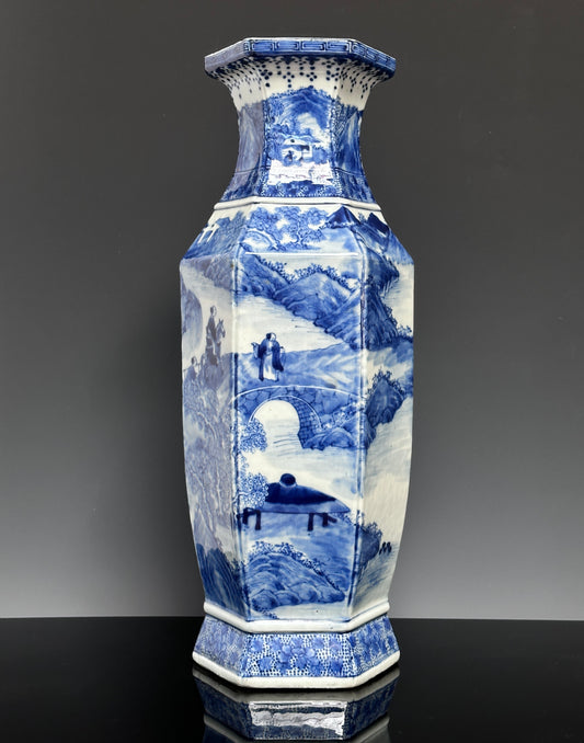 SOLD Antique Chinese Porcelain Large Hexagonal Landscape Vase Blue & White Qing 19th c