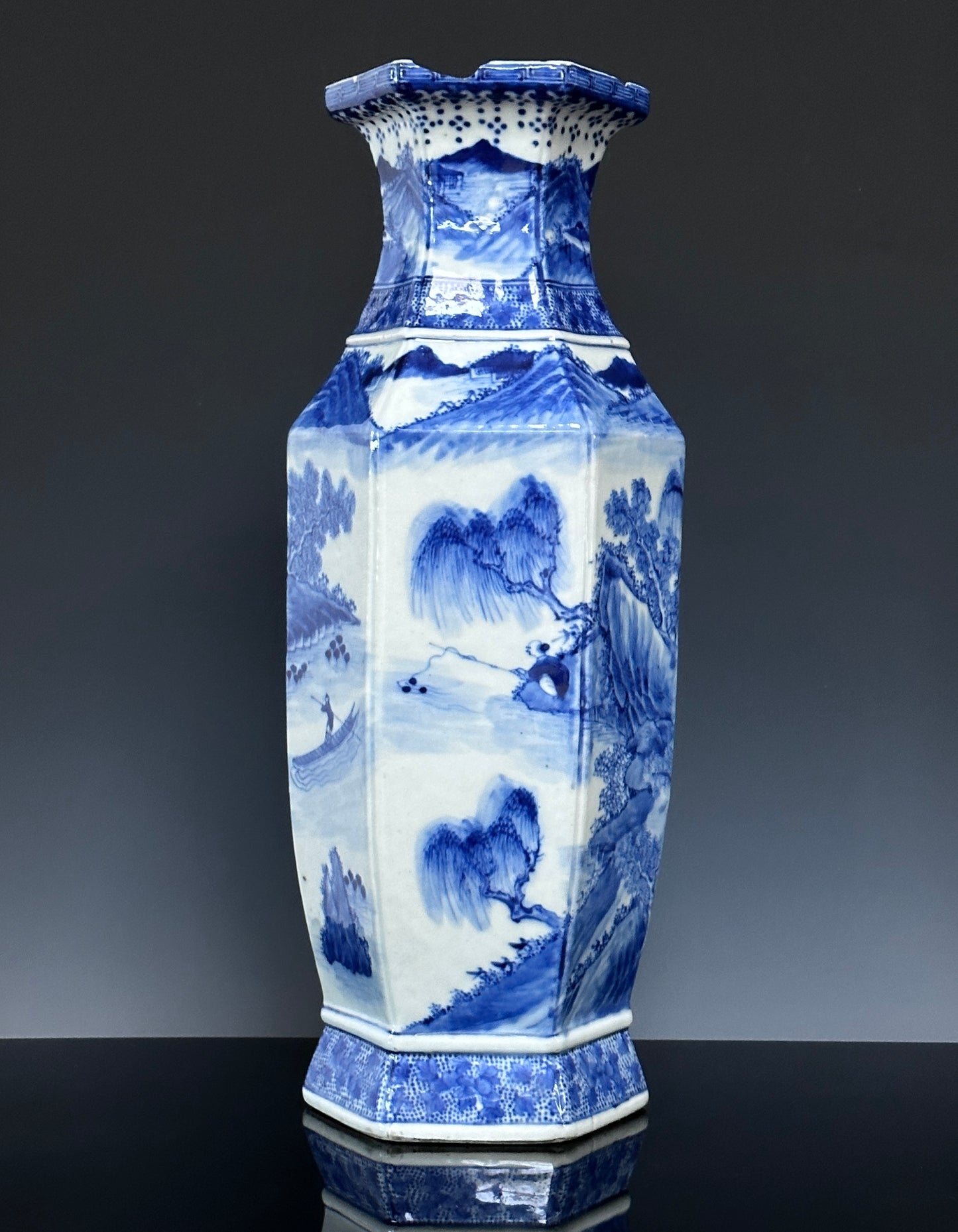 SOLD Antique Chinese Porcelain Large Hexagonal Landscape Vase Blue & White Qing 19th c