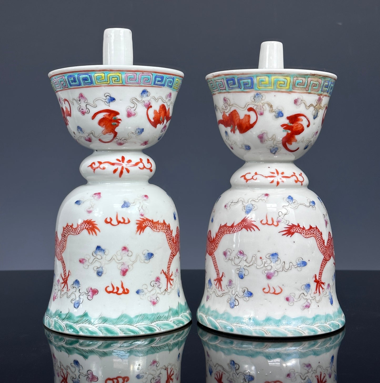 SOLD Antique Chinese Porcelain Pair Dragon Joss Stick Holders Guangxu Qing 19th c