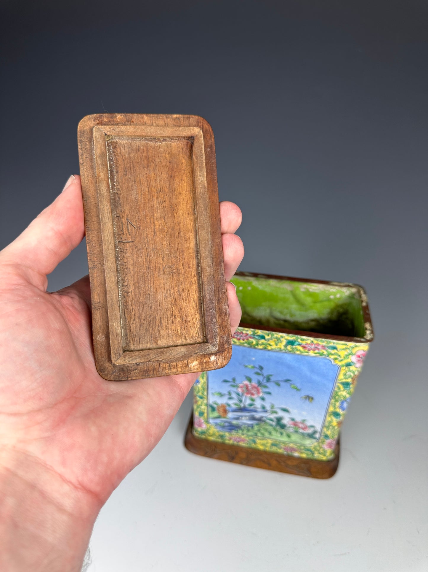 SOLD Antique Chinese Canton Enamel Tea Caddy Carved Wood Lid & Stand Late Qing 1900