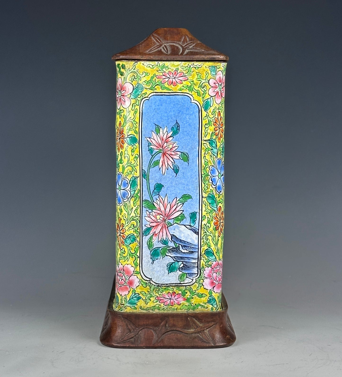 SOLD Antique Chinese Canton Enamel Tea Caddy Carved Wood Lid & Stand Late Qing 1900