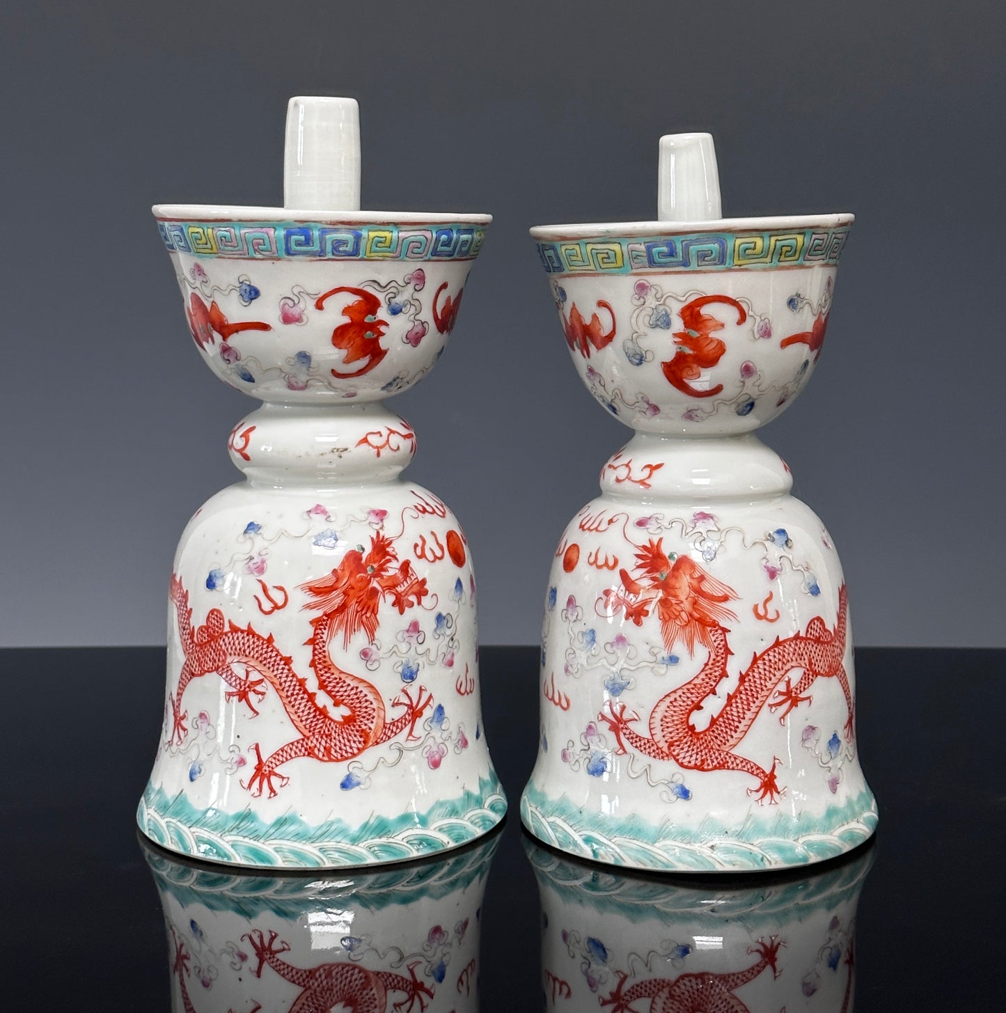 SOLD Antique Chinese Porcelain Pair Dragon Joss Stick Holders Guangxu Qing 19th c