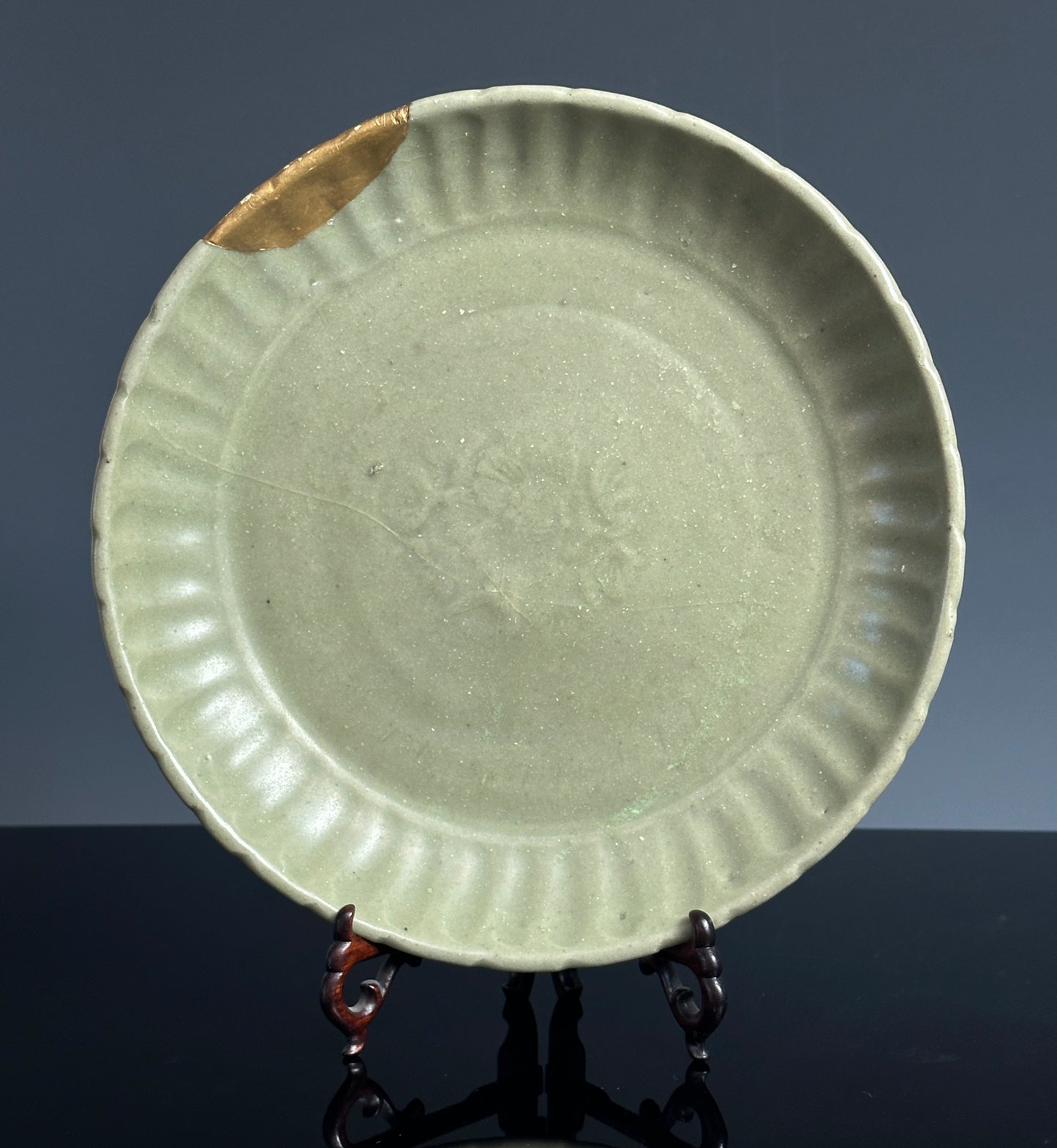 SOLD Antique Chinese Longquan Celadon Plate Floral Medallion Ming Dynasty