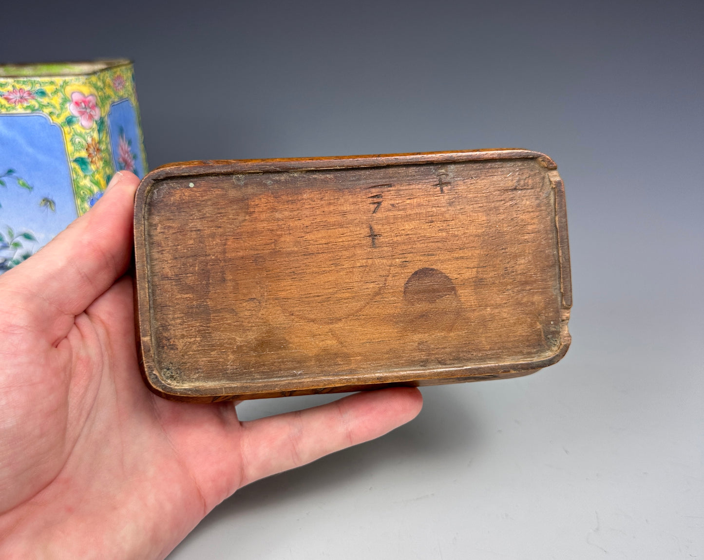 SOLD Antique Chinese Canton Enamel Tea Caddy Carved Wood Lid & Stand Late Qing 1900