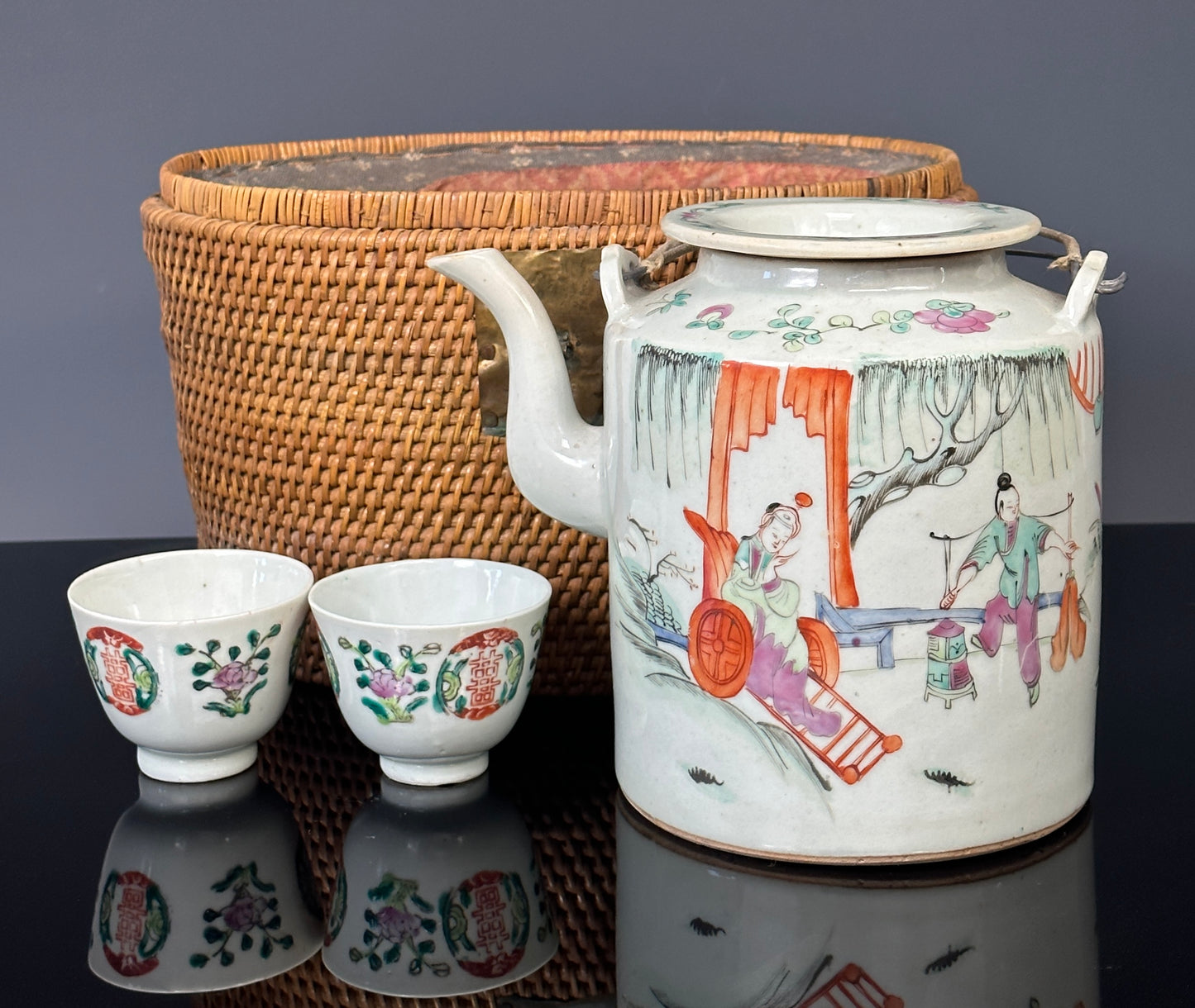 SOLD Antique Chinese Porcelain Teapot Set Cups Basket Guangxu Qing 19th c