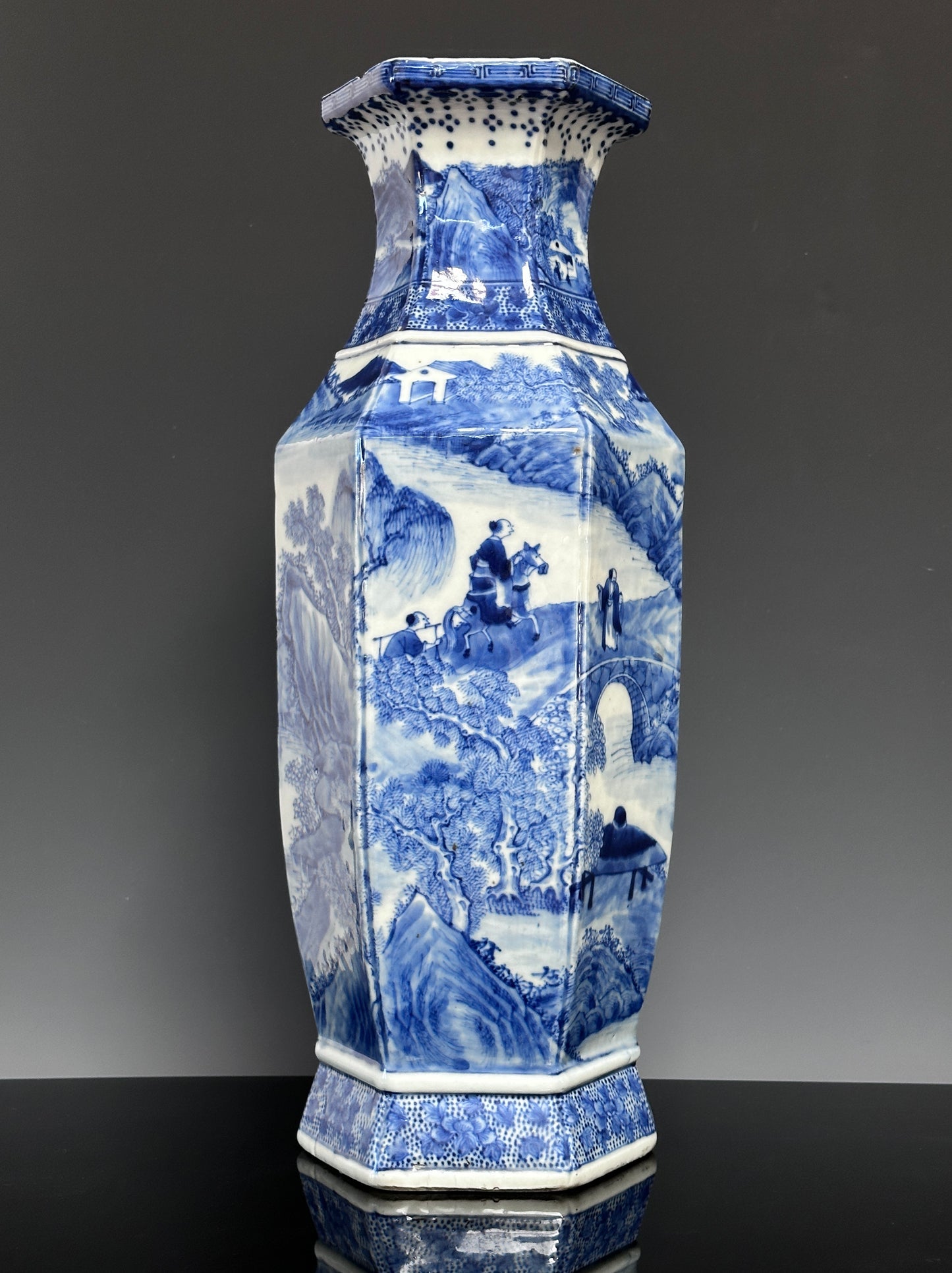 SOLD Antique Chinese Porcelain Large Hexagonal Landscape Vase Blue & White Qing 19th c