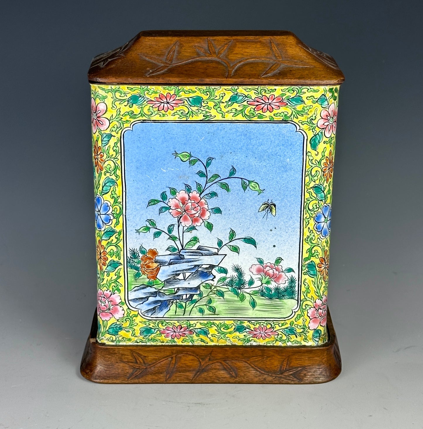 SOLD Antique Chinese Canton Enamel Tea Caddy Carved Wood Lid & Stand Late Qing 1900