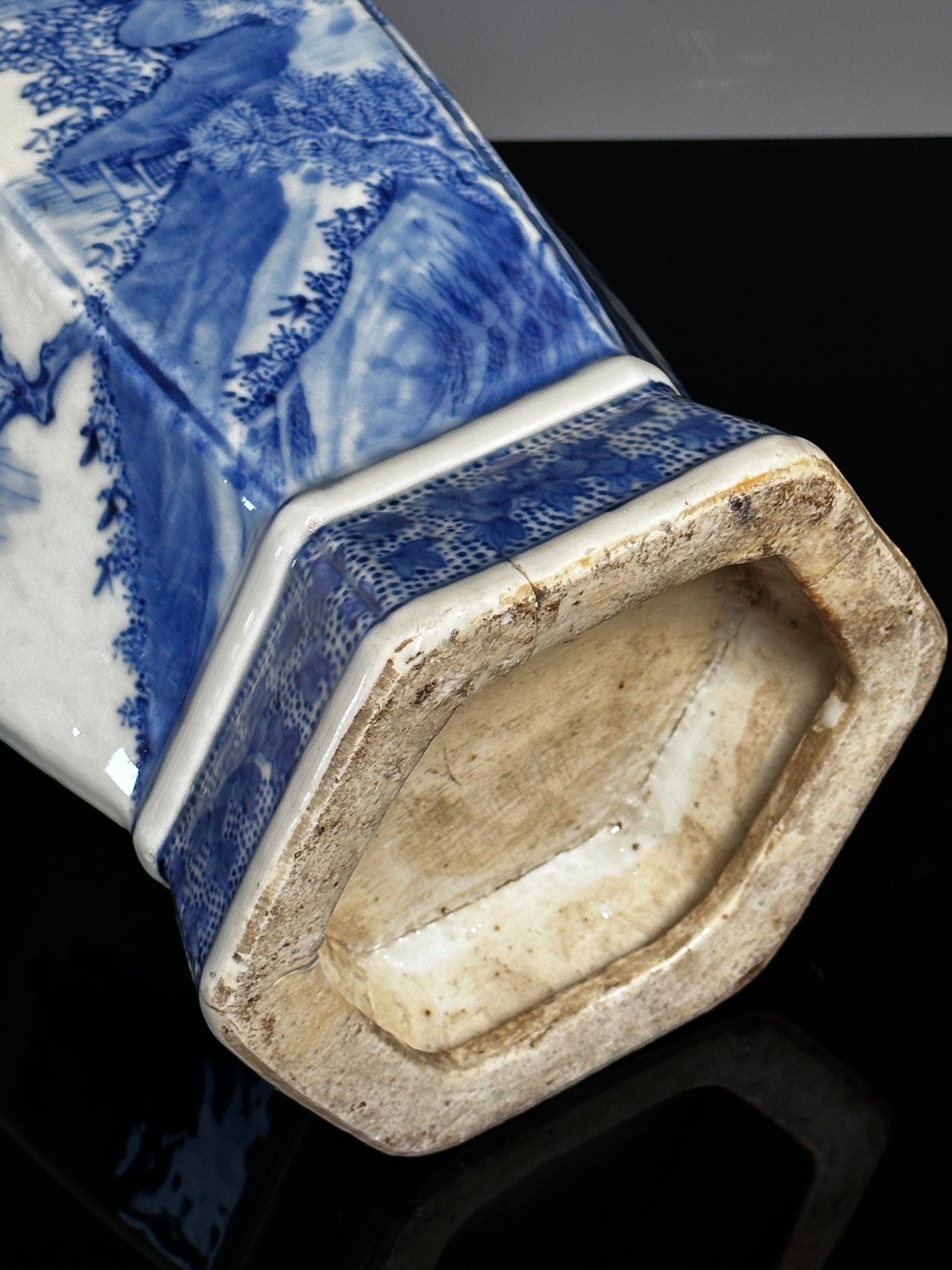 SOLD Antique Chinese Porcelain Large Hexagonal Landscape Vase Blue & White Qing 19th c