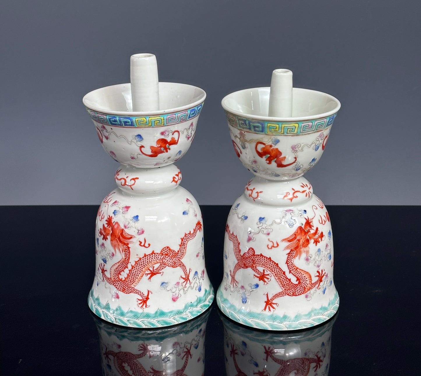 SOLD Antique Chinese Porcelain Pair Dragon Joss Stick Holders Guangxu Qing 19th c