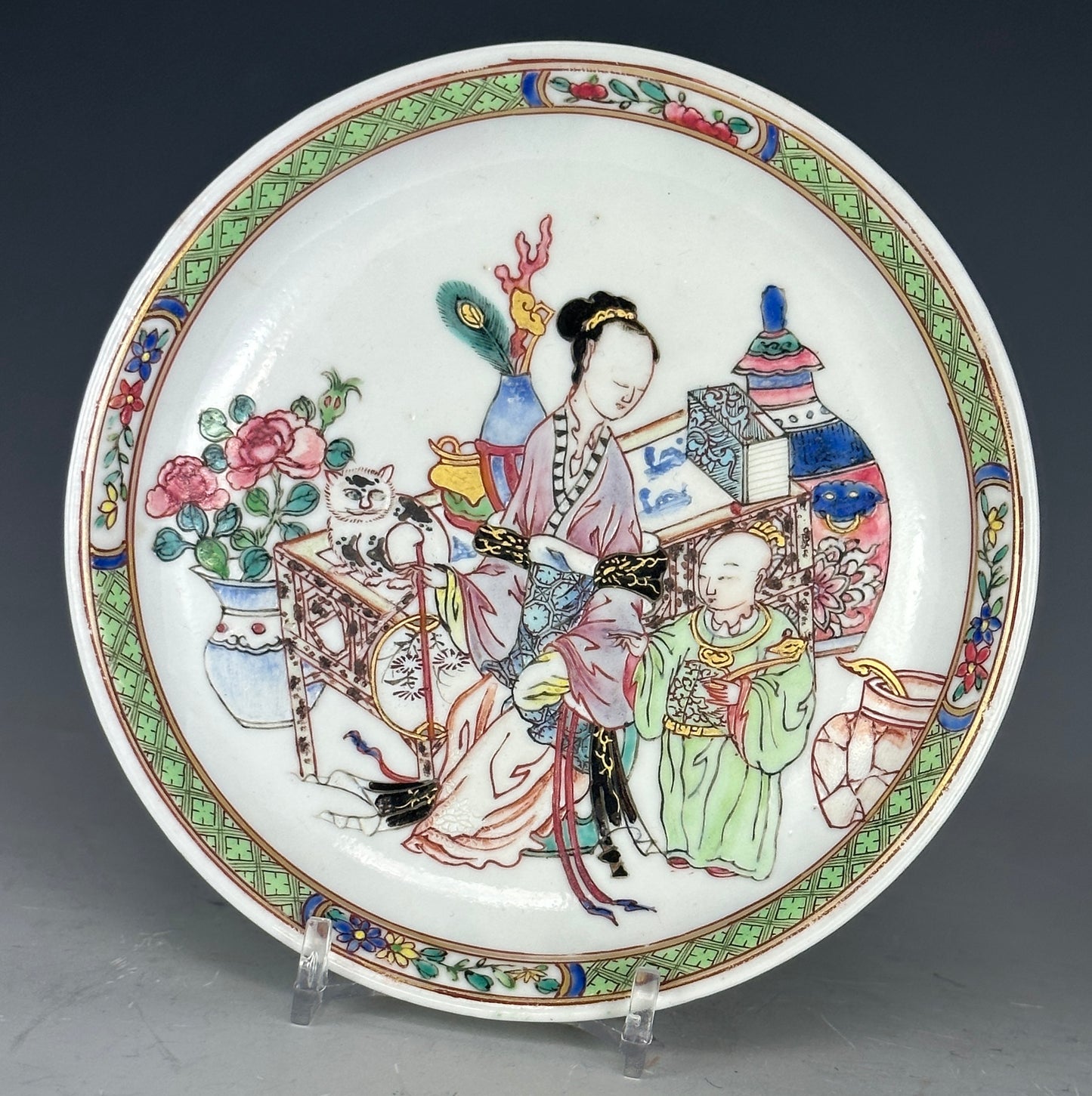 SOLD Antique Chinese Export Eggshell Porcelain Saucer Yongzheng Cat Lady Child 18th c