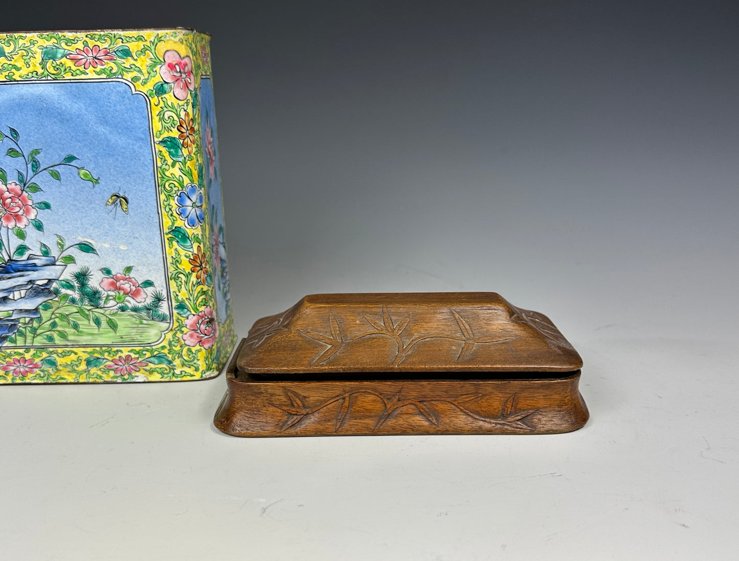 SOLD Antique Chinese Canton Enamel Tea Caddy Carved Wood Lid & Stand Late Qing 1900