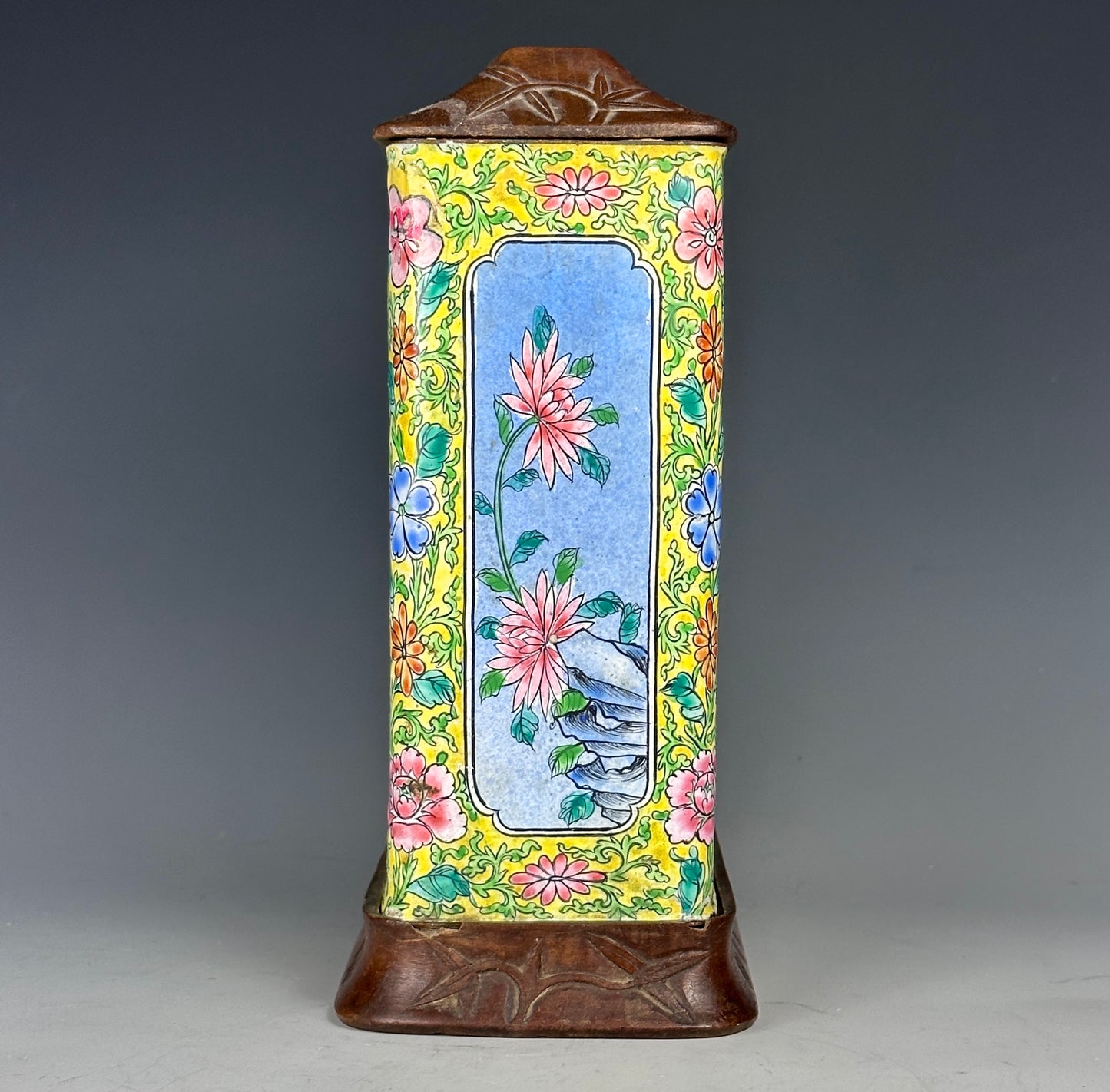 SOLD Antique Chinese Canton Enamel Tea Caddy Carved Wood Lid & Stand Late Qing 1900