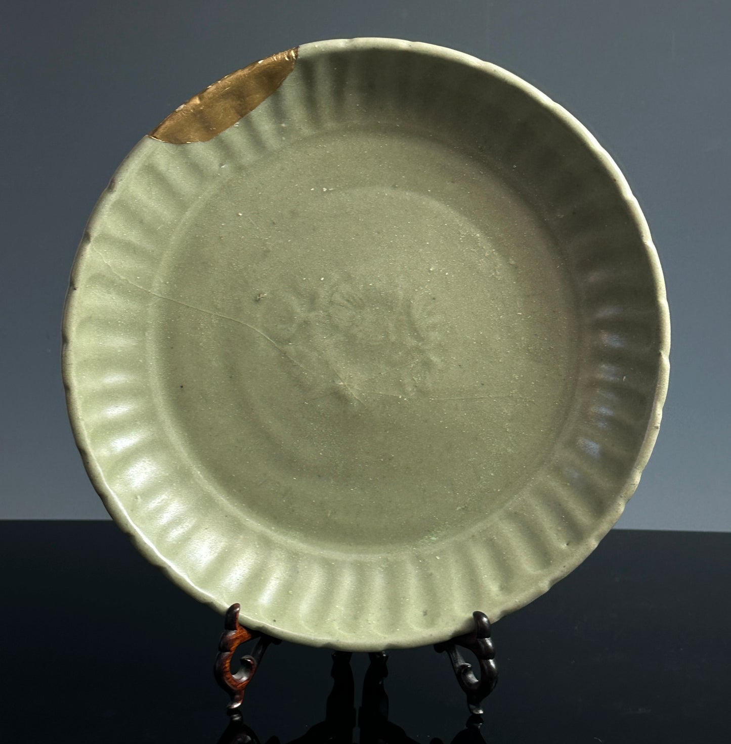 SOLD Antique Chinese Longquan Celadon Plate Floral Medallion Ming Dynasty