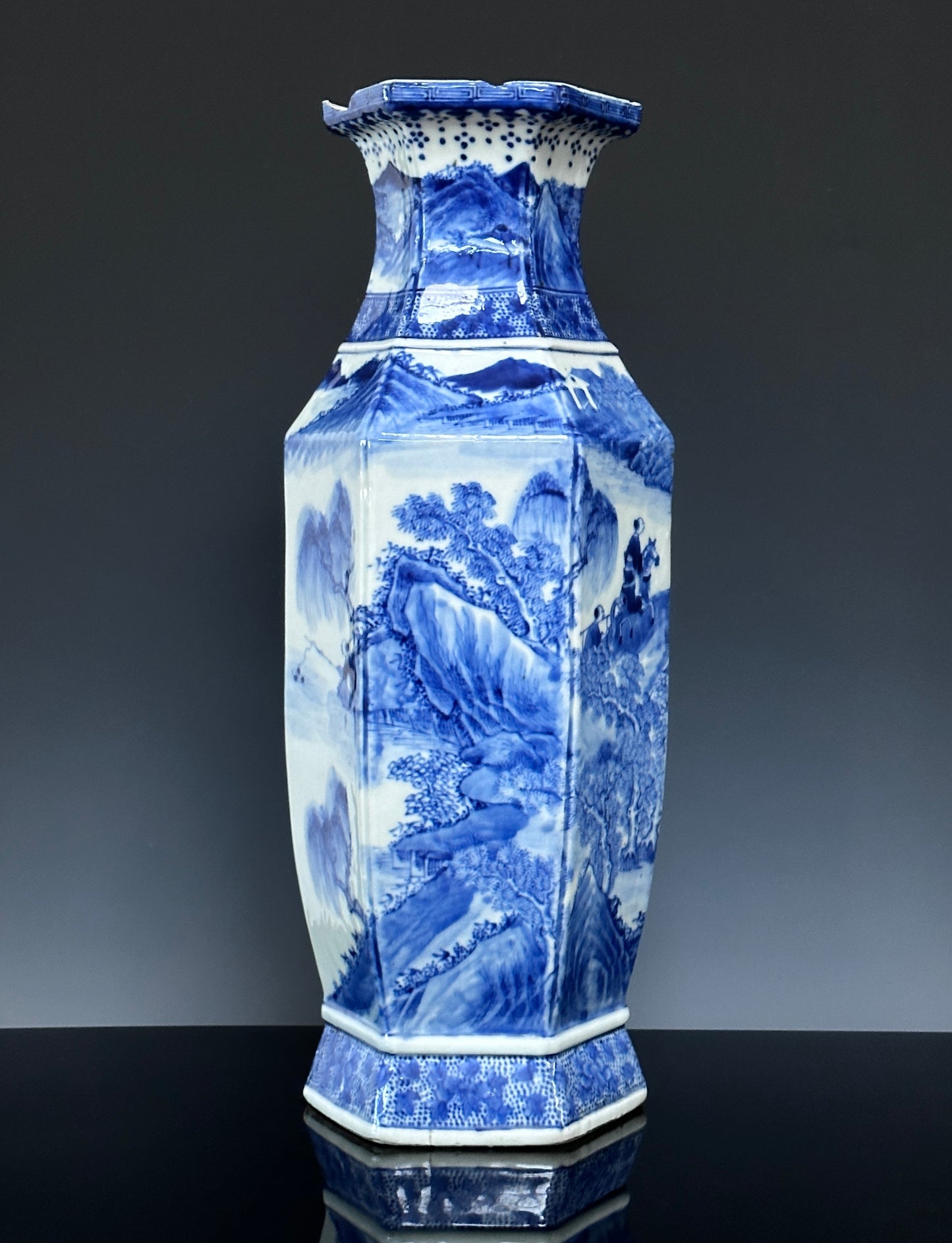 SOLD Antique Chinese Porcelain Large Hexagonal Landscape Vase Blue & White Qing 19th c