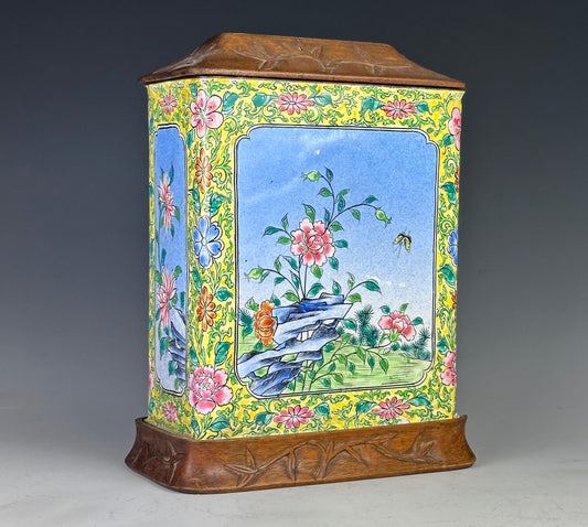 SOLD Antique Chinese Canton Enamel Tea Caddy Carved Wood Lid & Stand Late Qing 1900