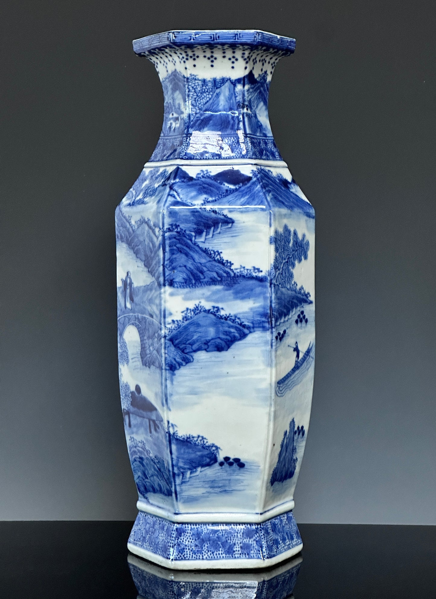 SOLD Antique Chinese Porcelain Large Hexagonal Landscape Vase Blue & White Qing 19th c