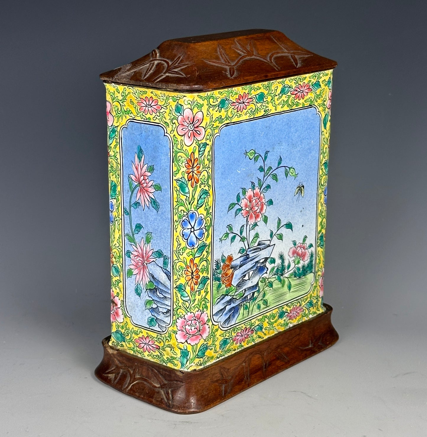 SOLD Antique Chinese Canton Enamel Tea Caddy Carved Wood Lid & Stand Late Qing 1900