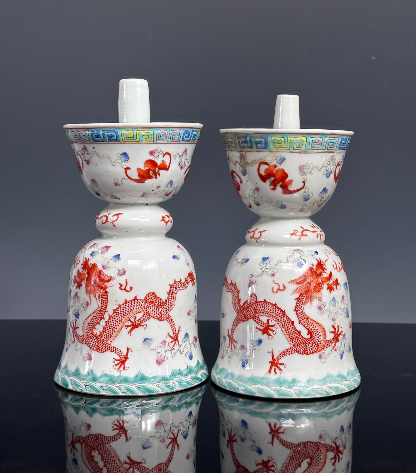 SOLD Antique Chinese Porcelain Pair Dragon Joss Stick Holders Guangxu Qing 19th c