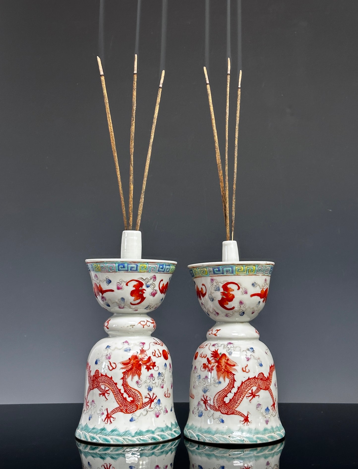 SOLD Antique Chinese Porcelain Pair Dragon Joss Stick Holders Guangxu Qing 19th c