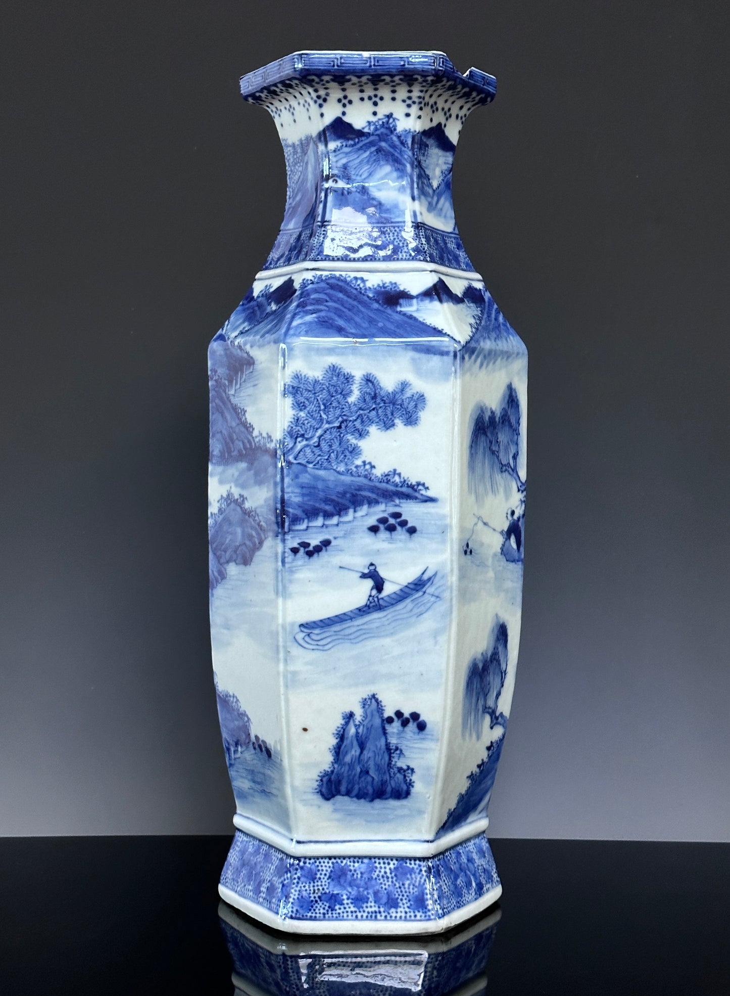 SOLD Antique Chinese Porcelain Large Hexagonal Landscape Vase Blue & White Qing 19th c